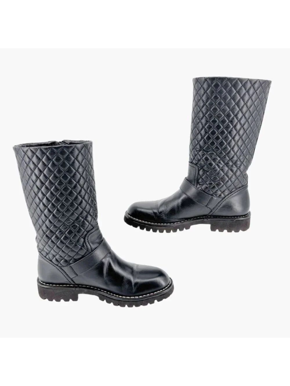 Chanel Quilted Moto Boots EU 37.5 US 6.5-7 Black Leather CC Biker Riding Calf